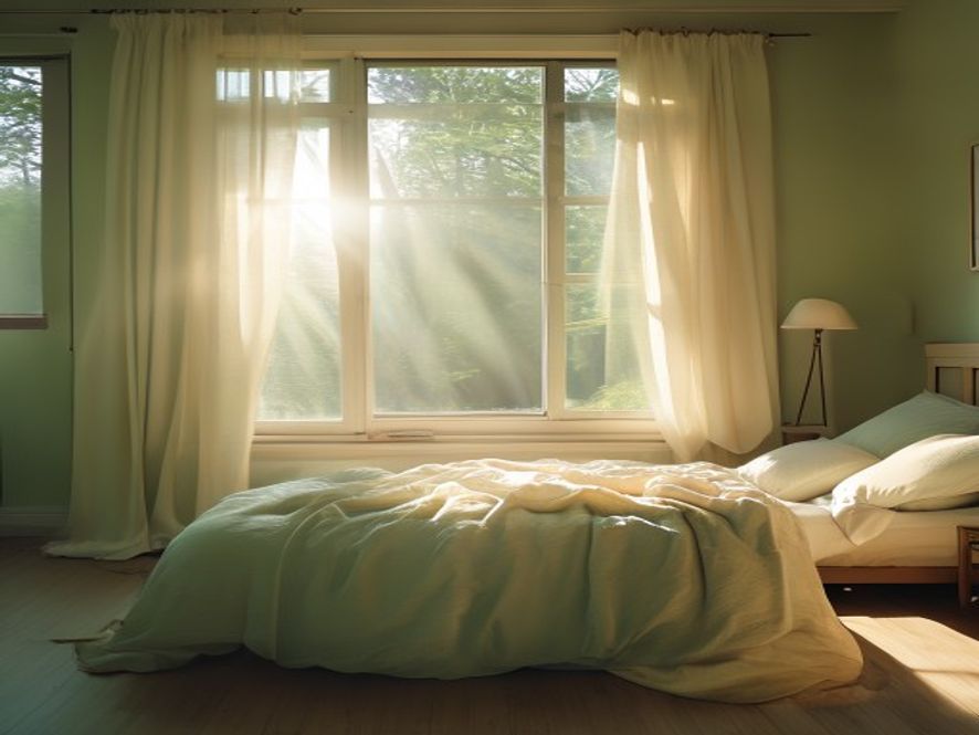 Bright morning bedroom with sunlight streaming through windows and open curtains